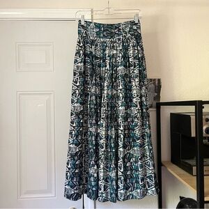 SIKA x ANTHROPOLOGIE white black teal African tribal print‎ full skirt midi